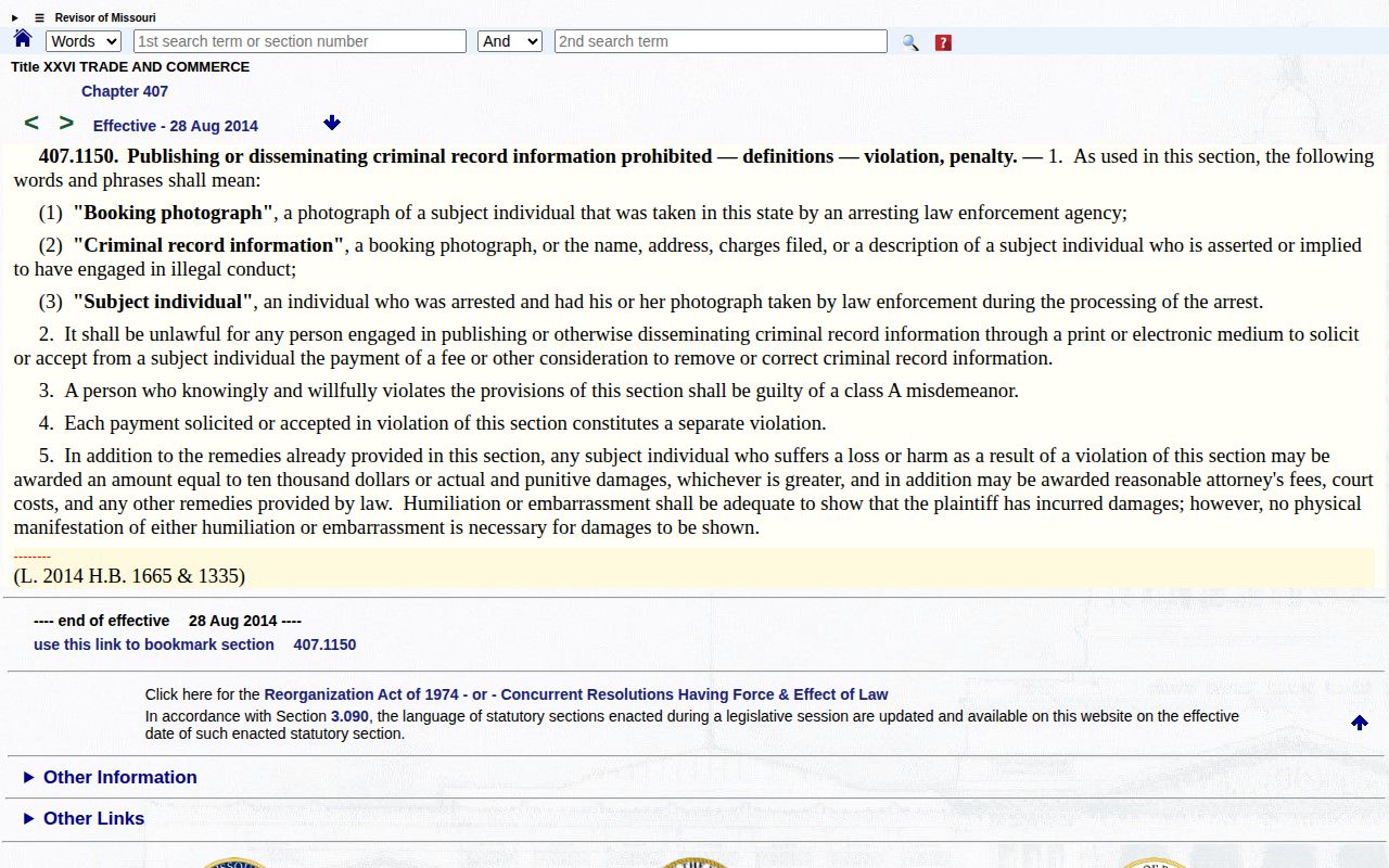 Missouri booking photograph law affecting Texas County arrest records