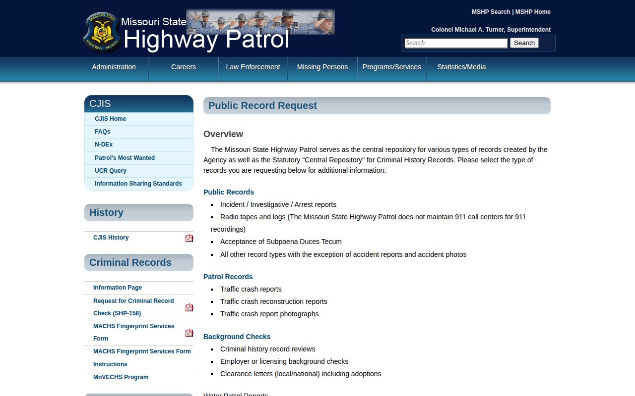 Missouri State Highway Patrol public records request page