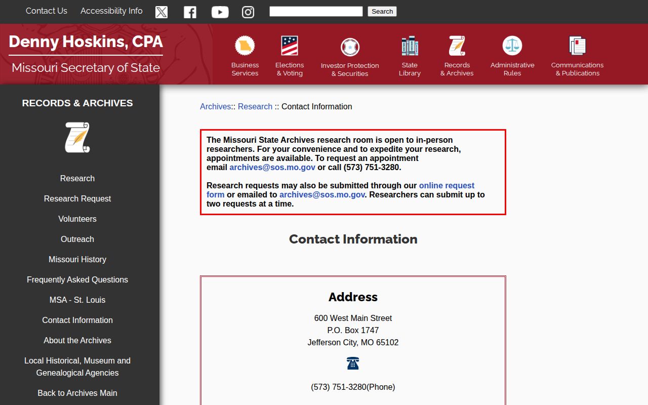 Missouri State Archives research request page