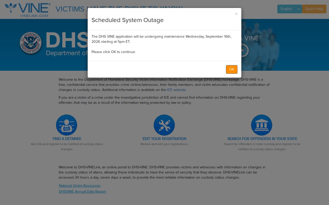 DHS-VINE immigration custody search and registration interface