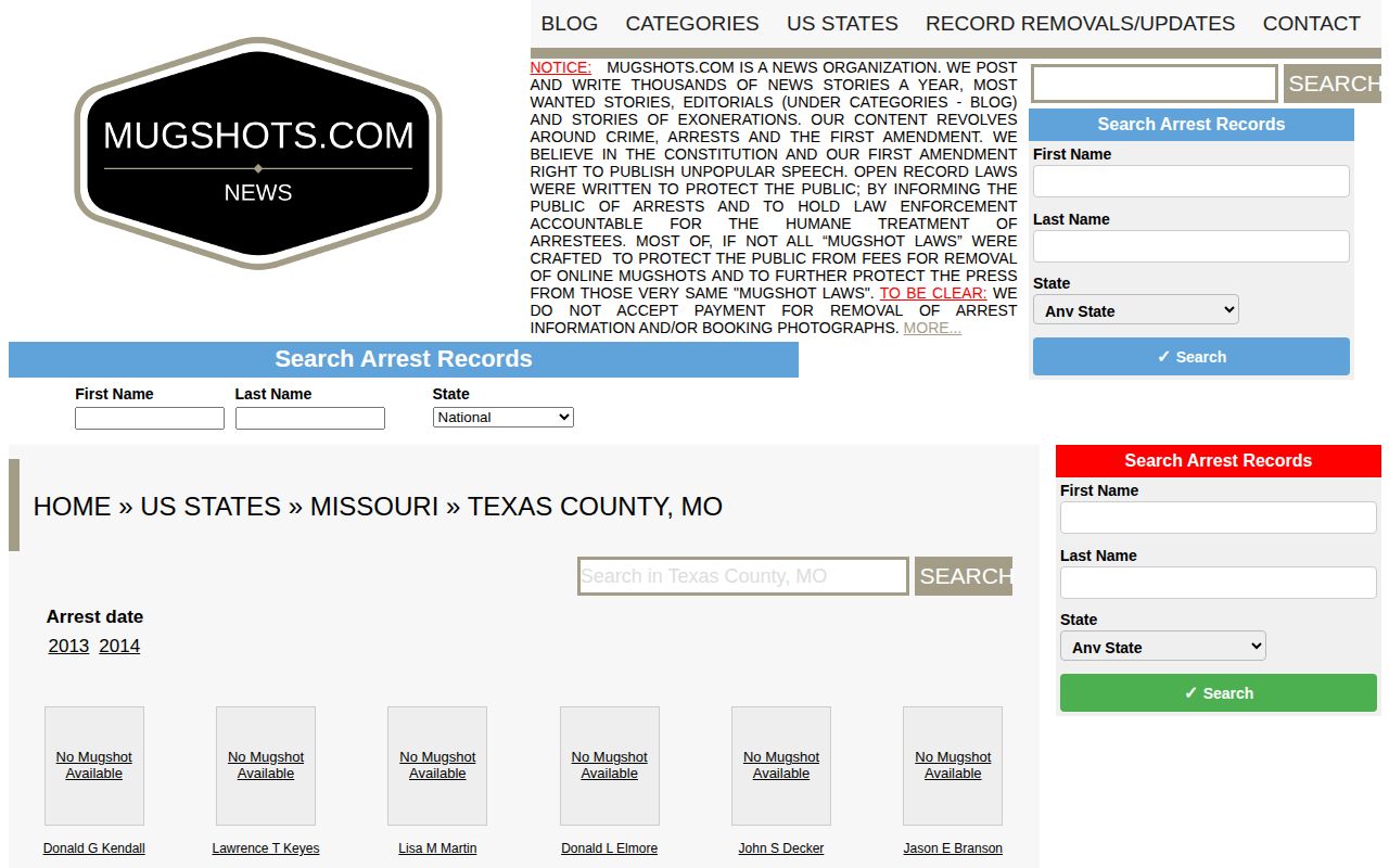 Unofficial Mugshots.com Texas County page with old entries